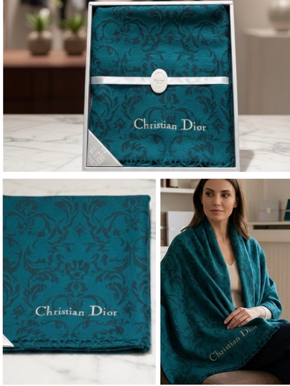 CHRISTIAN DIOR‎ 100% Wool Teal Damask Throw Blanket Scarf NIB Rare Archival